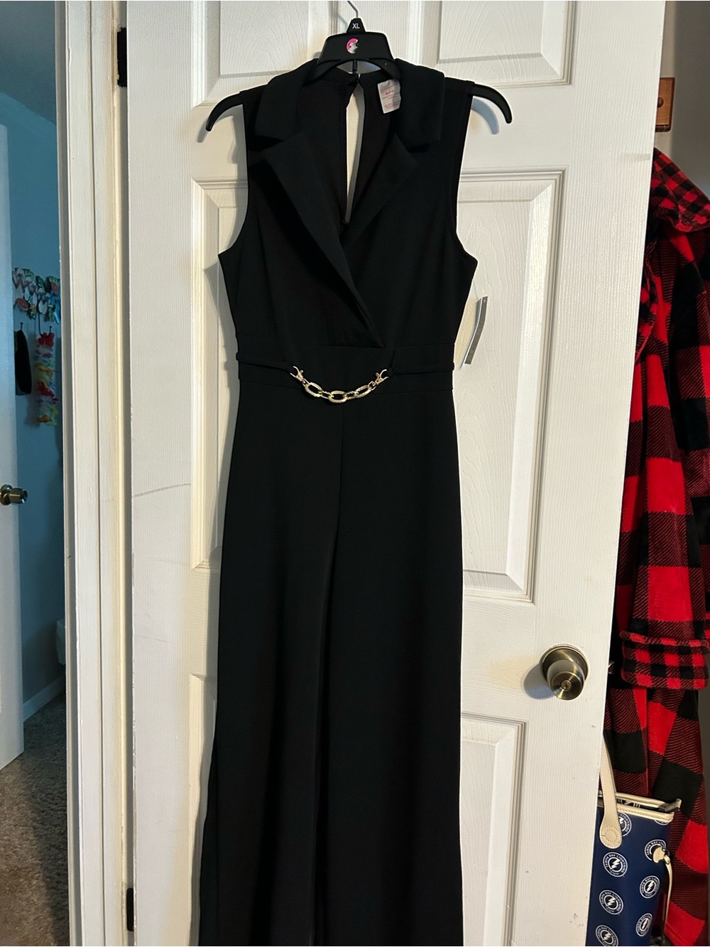 No Boundaries Black Sleeveless Jumpsuit with Gold Chain Belt